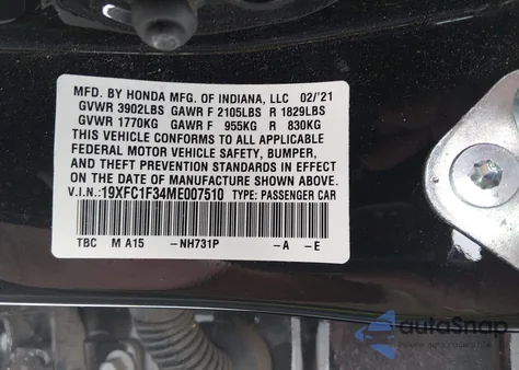 2021 Honda Civic Ex z USA, uszkodzony, nr VIN 19XFC1F34ME007510